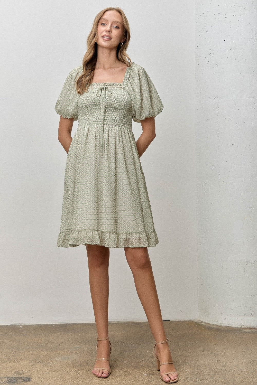 Sage Printed Smocked Ruffle Accent Dress