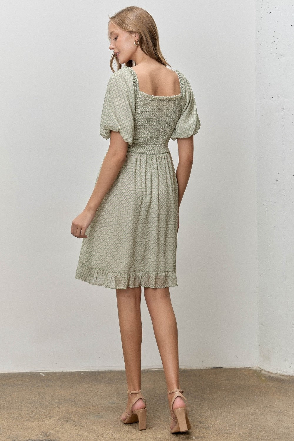 Sage Printed Smocked Ruffle Accent Dress