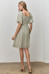Sage Printed Smocked Ruffle Accent Dress