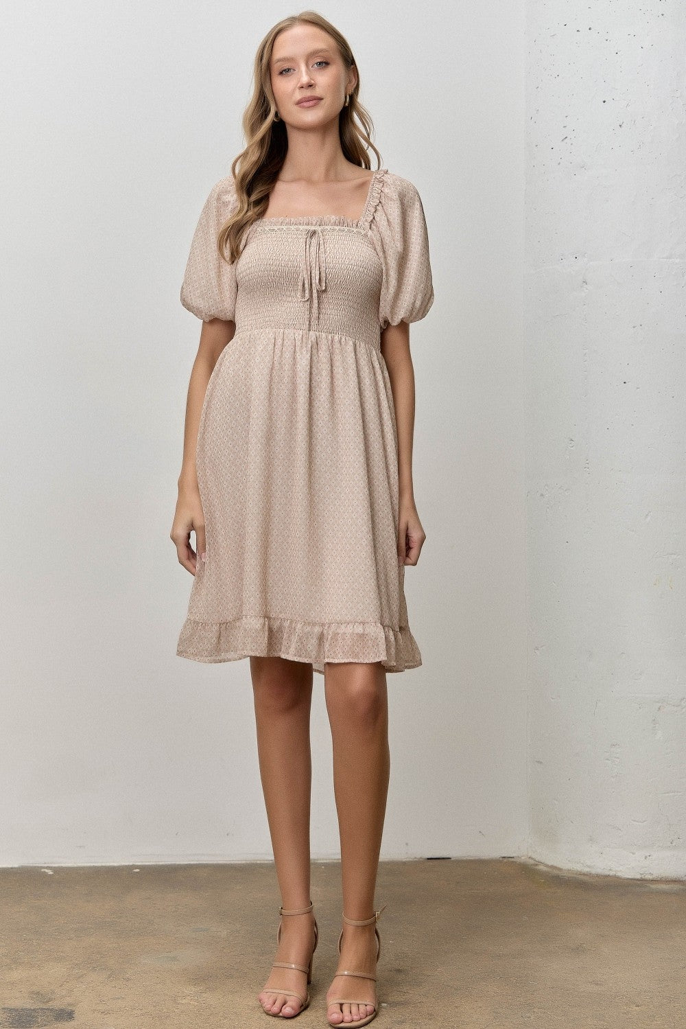 Light Taupe Printed Smocked Ruffle Accent Dress