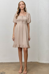 Light Taupe Printed Smocked Ruffle Accent Dress