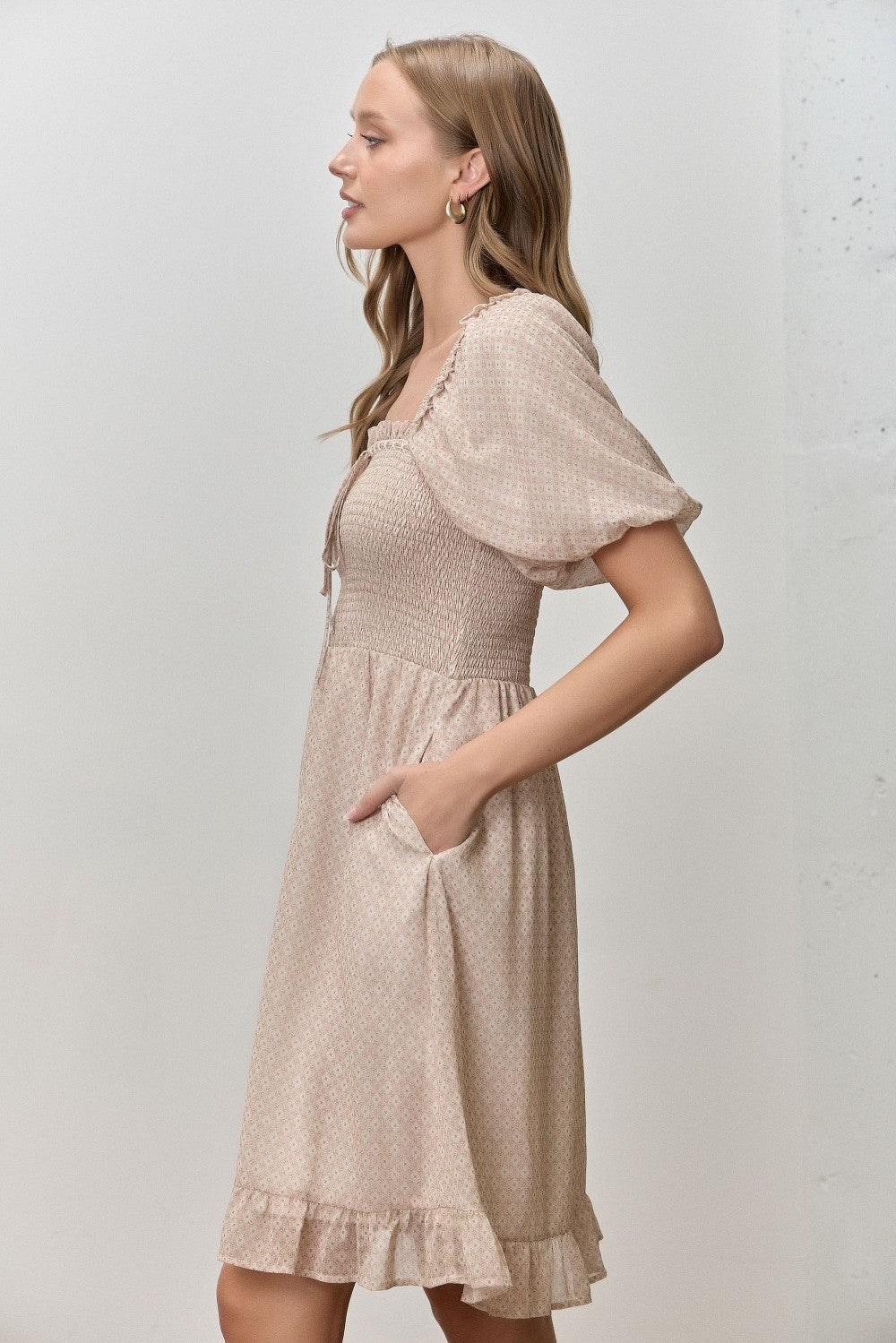 Light Taupe Printed Smocked Ruffle Accent Dress