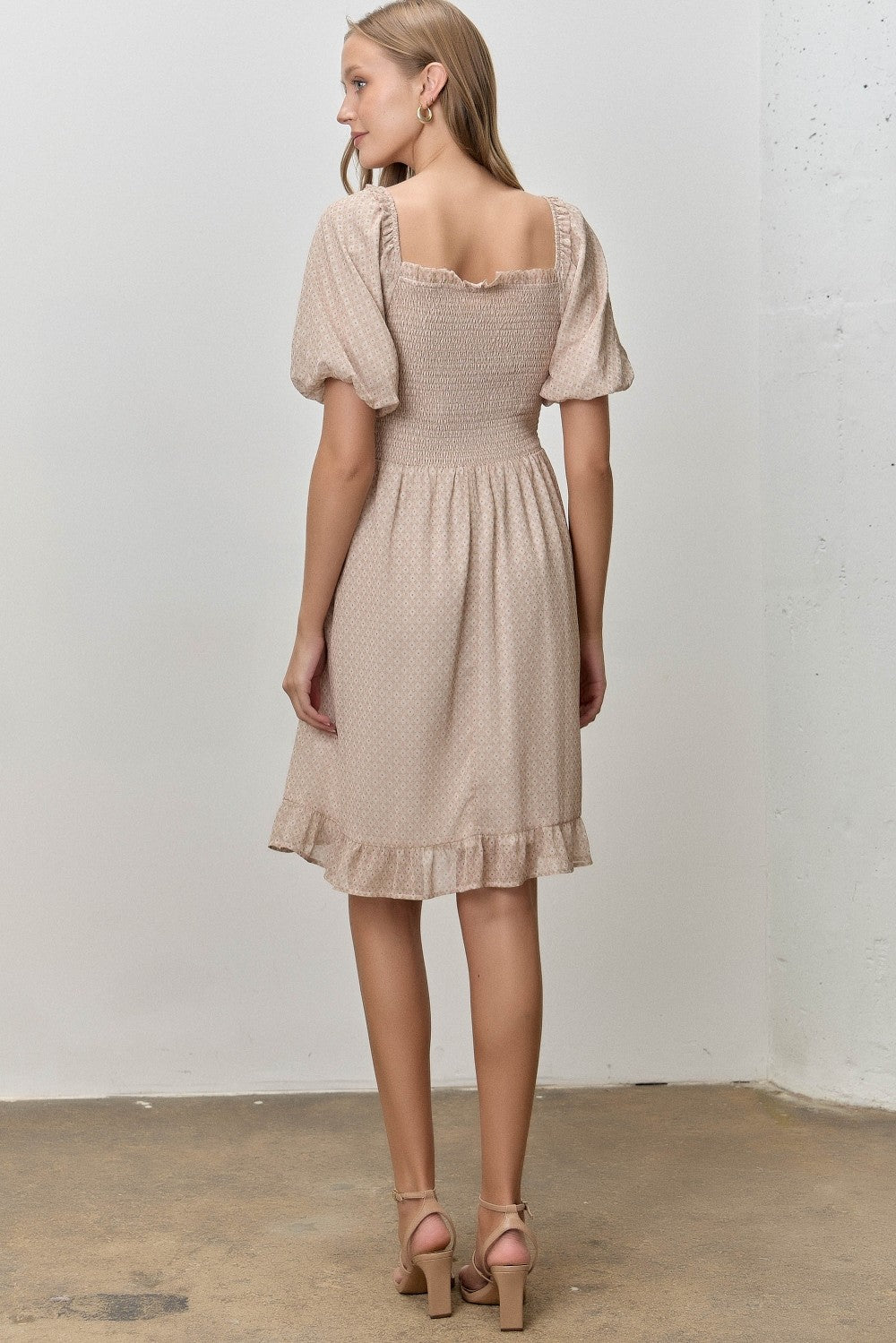 Light Taupe Printed Smocked Ruffle Accent Dress