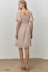Light Taupe Printed Smocked Ruffle Accent Dress