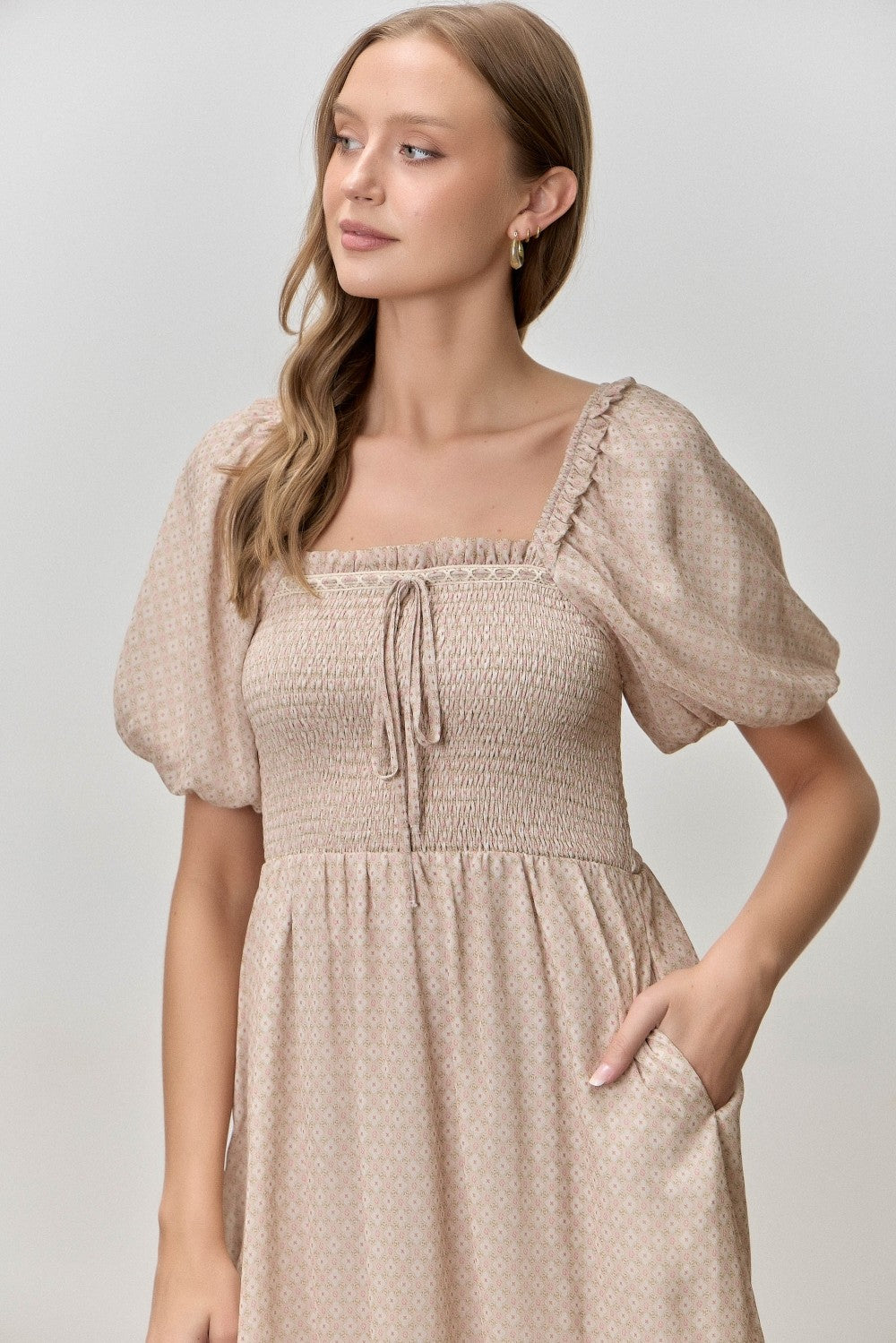 Light Taupe Printed Smocked Ruffle Accent Dress