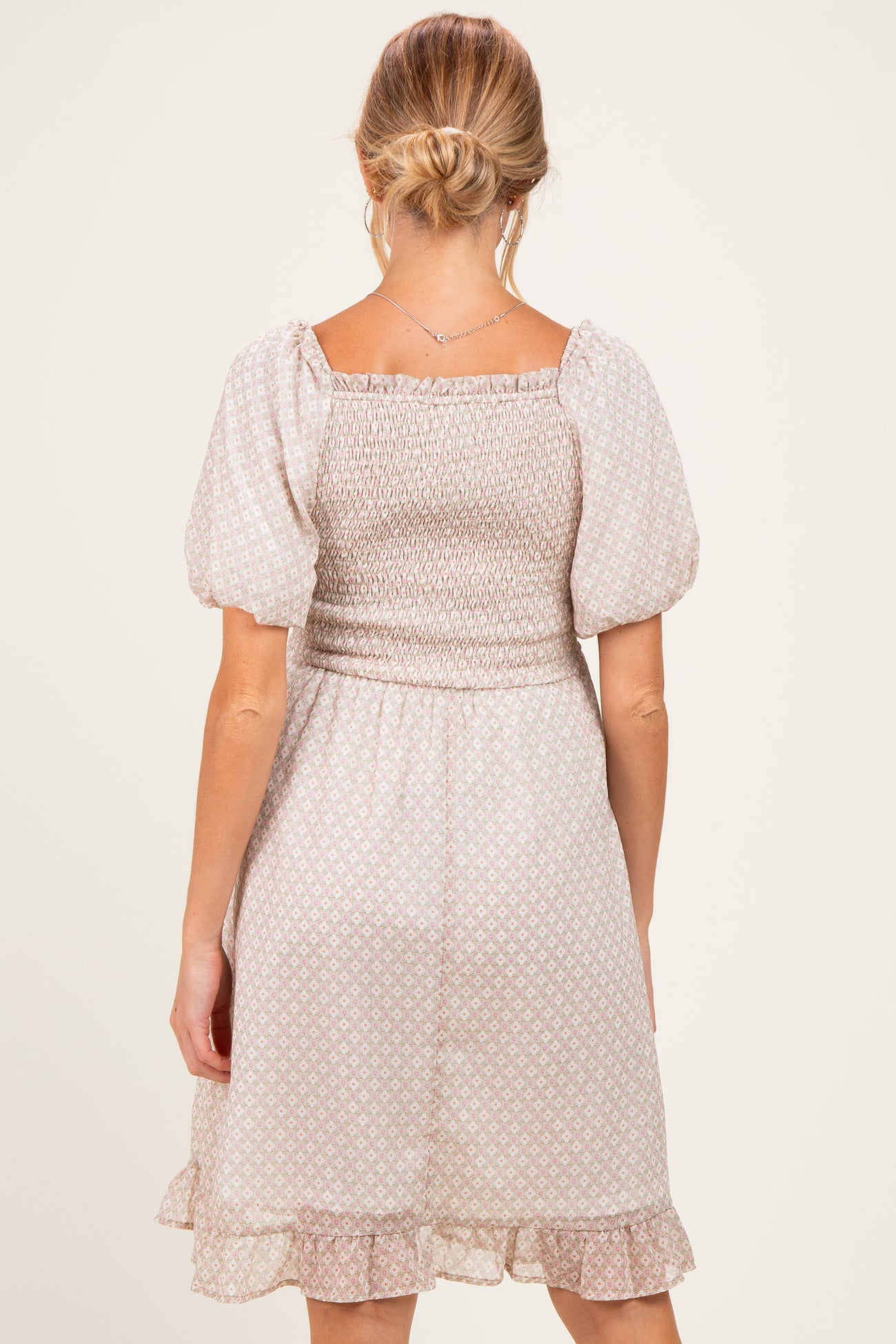 Light Taupe Printed Smocked Ruffle Accent Maternity Dress