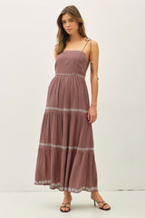 Brown Embroidered Tiered Maternity Maxi Dress