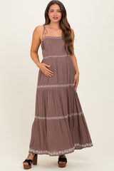 Brown Embroidered Tiered Maternity Maxi Dress