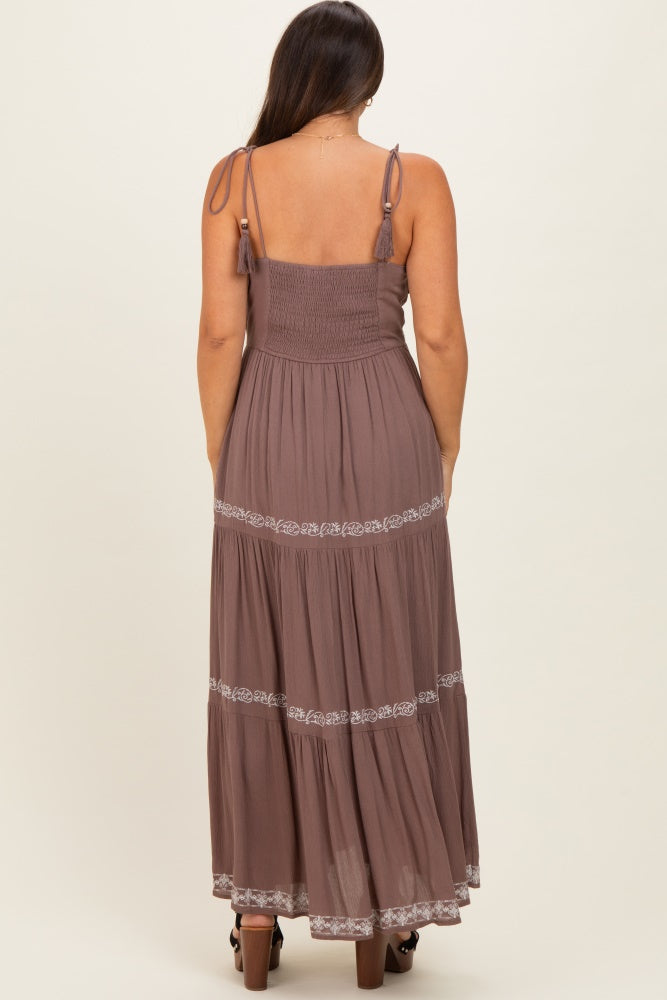 Brown Embroidered Tiered Maternity Maxi Dress