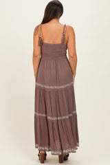 Brown Embroidered Tiered Maternity Maxi Dress