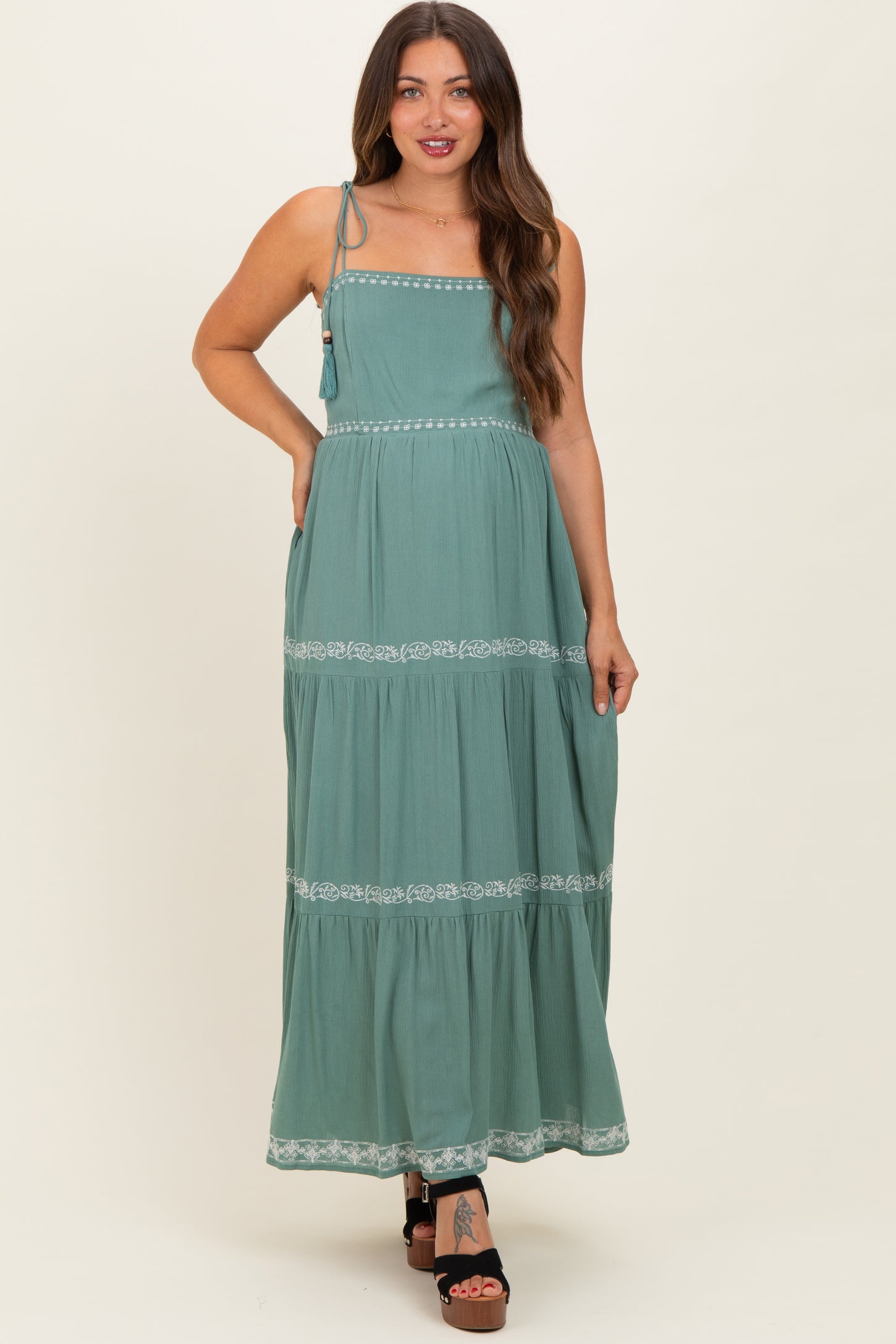 Jade Embroidered Tiered Maternity Maxi Dress