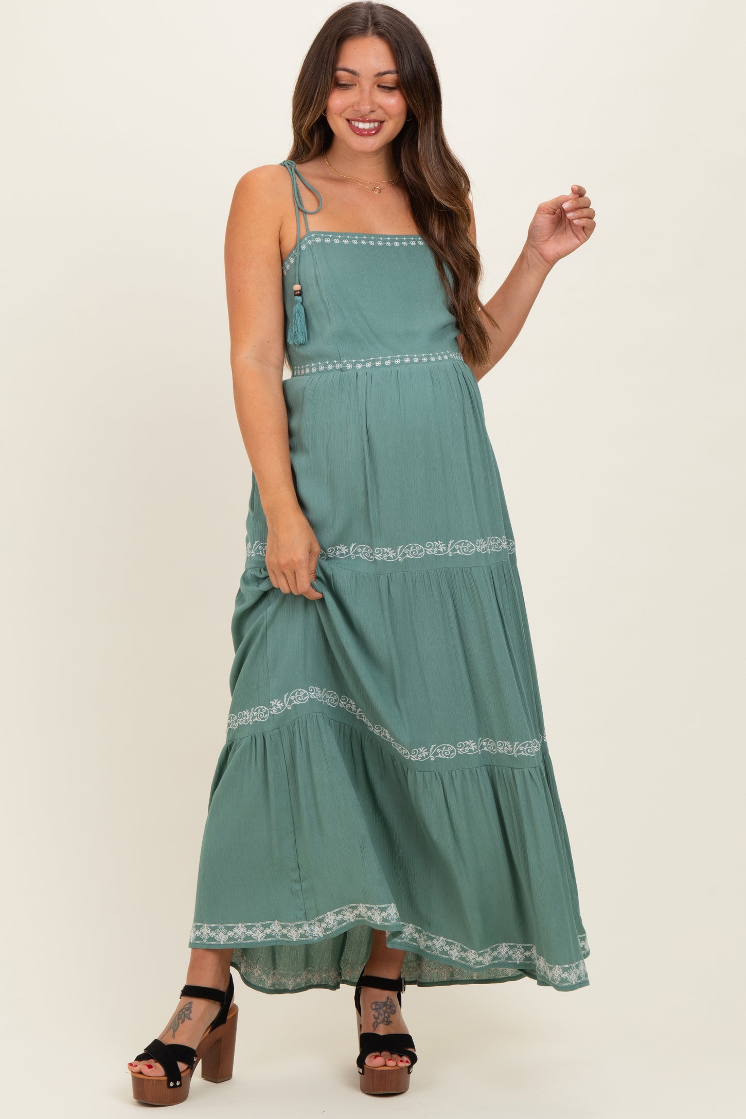 Jade Embroidered Tiered Maternity Maxi Dress