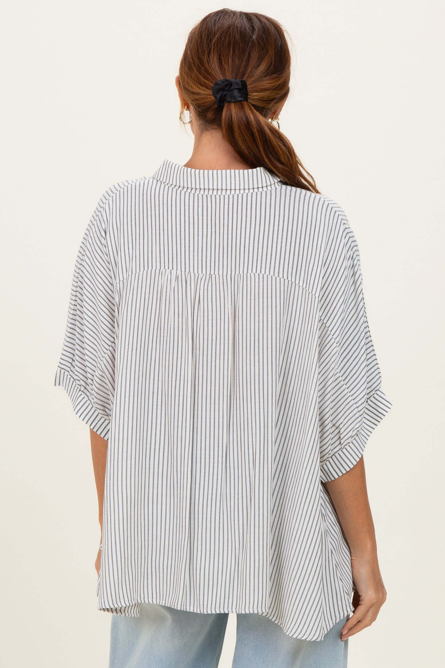 Black Striped Boxy Button Down Top