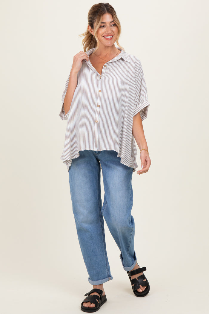 Brown Striped Boxy Button Down Maternity Top
