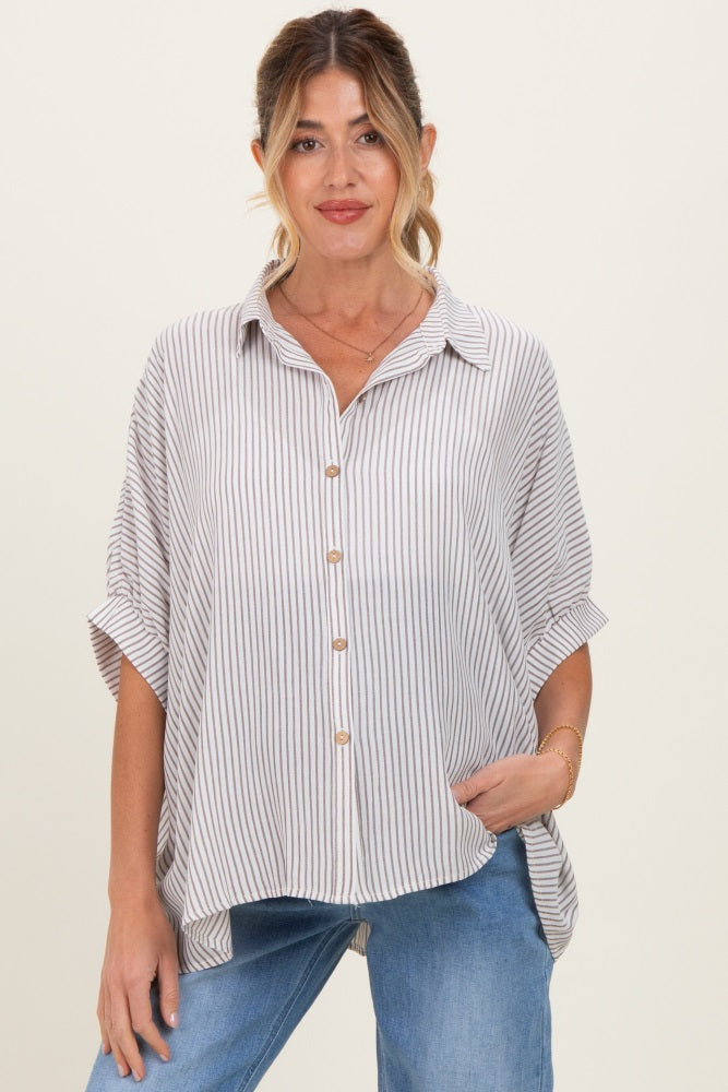 Brown Striped Boxy Button Down Maternity Top