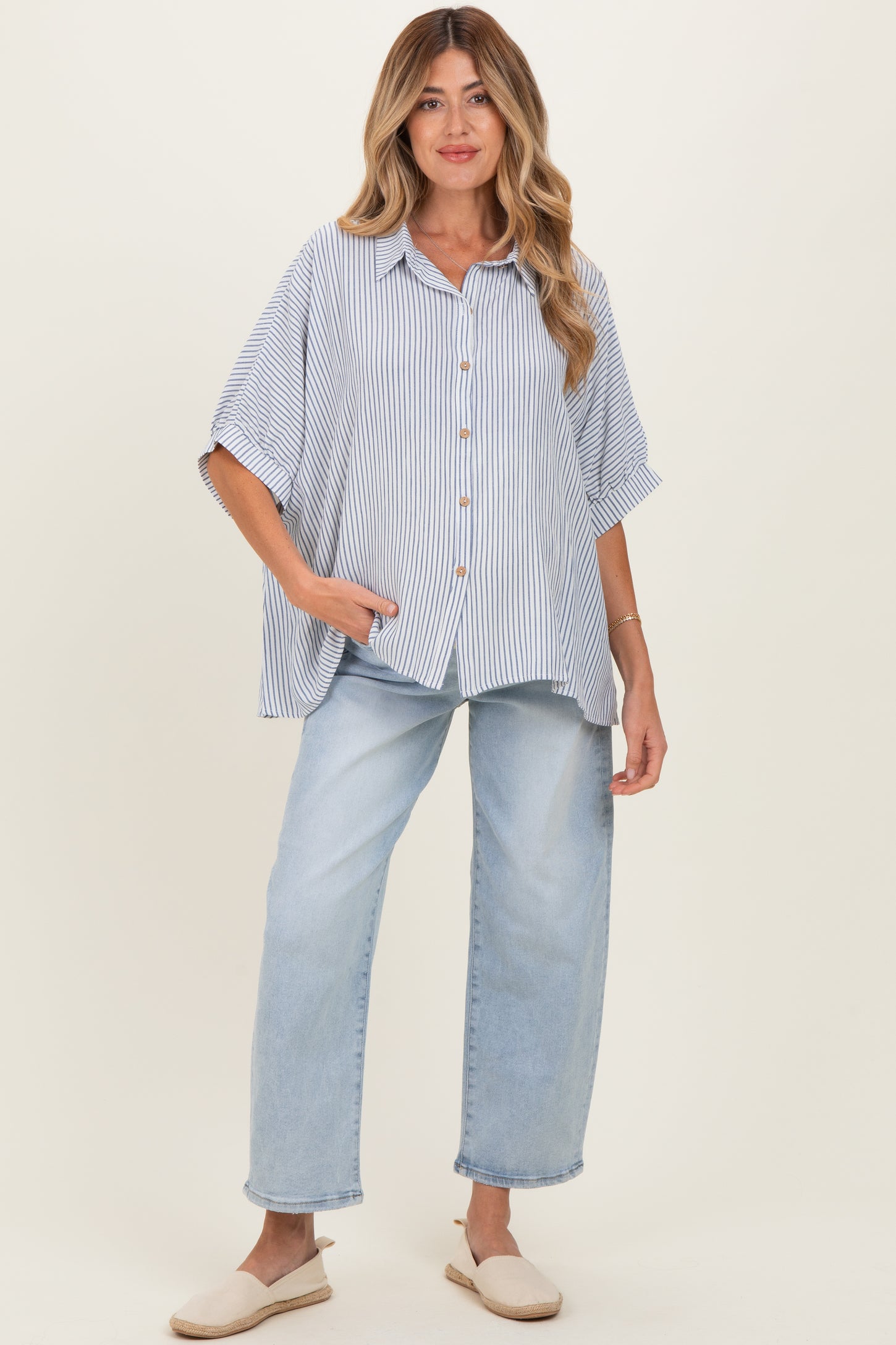 Blue Striped Boxy Button Down Maternity Top