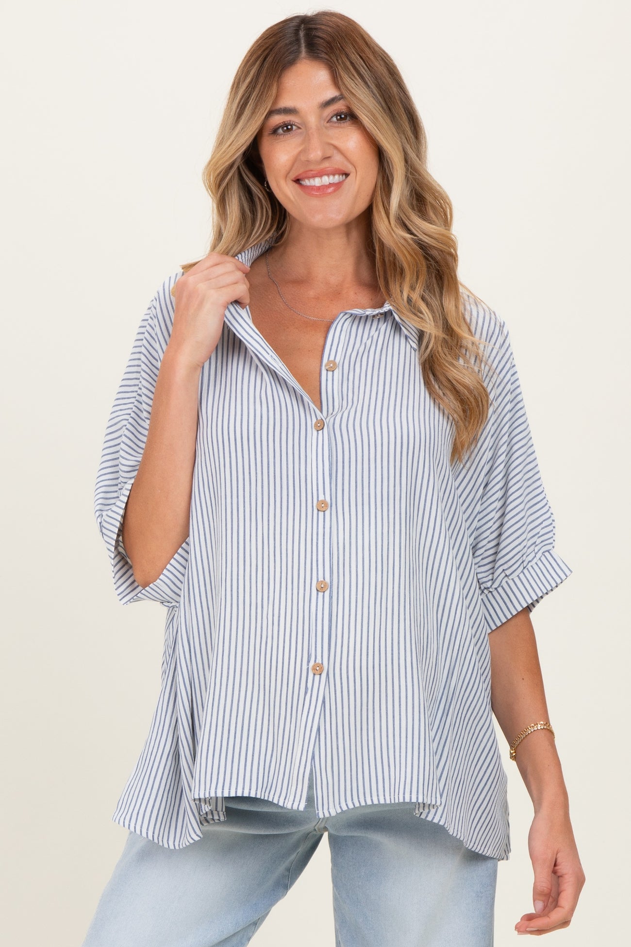 Blue Striped Boxy Button Down Maternity Top