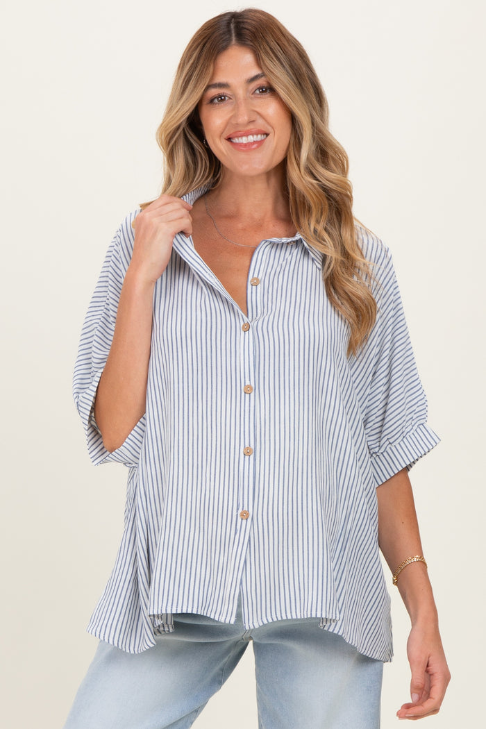 Blue Striped Boxy Button Down Maternity Top