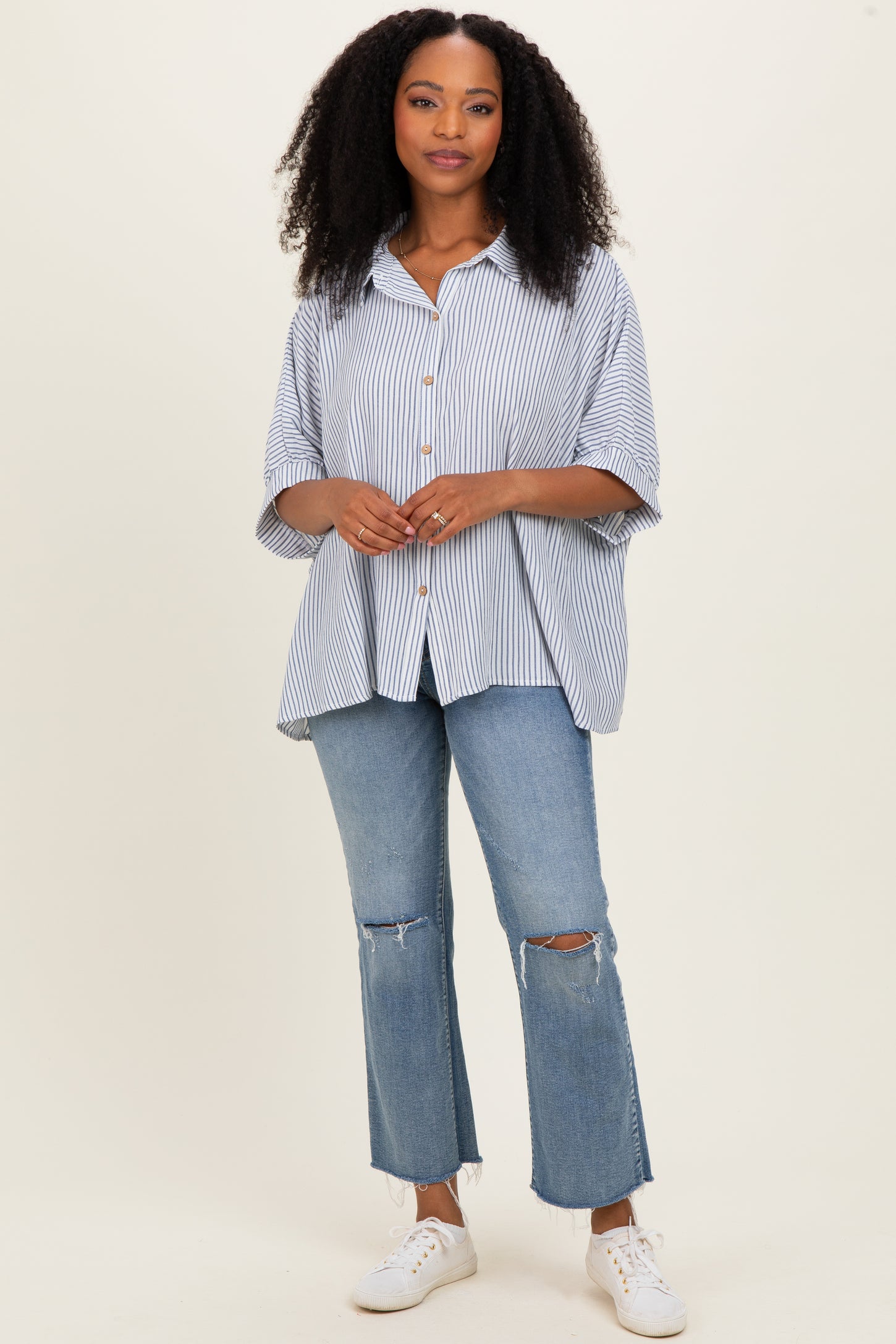 Blue Striped Boxy Button Down Top