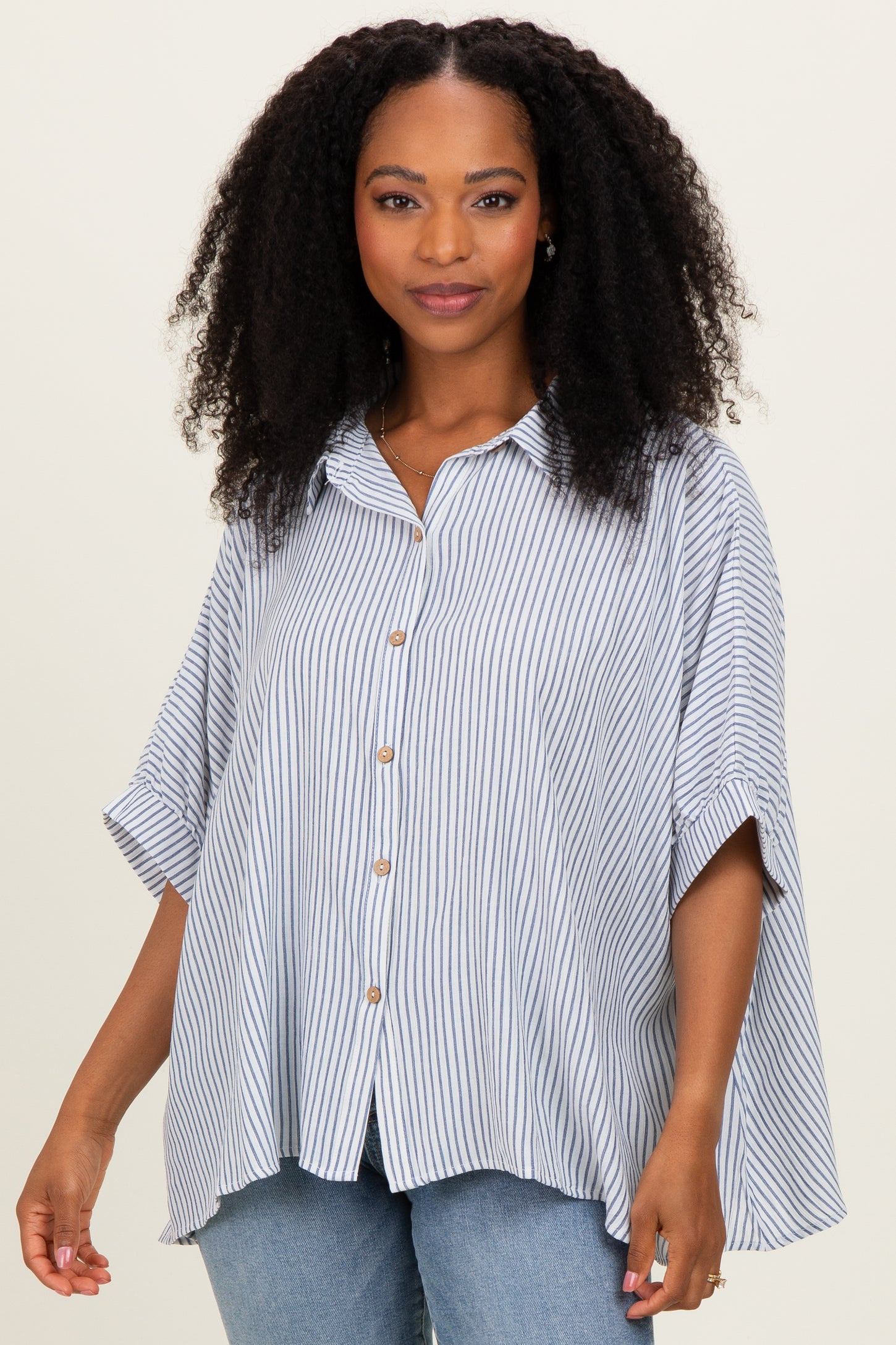 Blue Striped Boxy Button Down Top