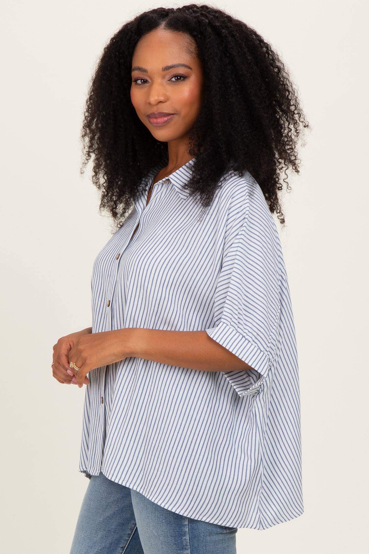 Blue Striped Boxy Button Down Top