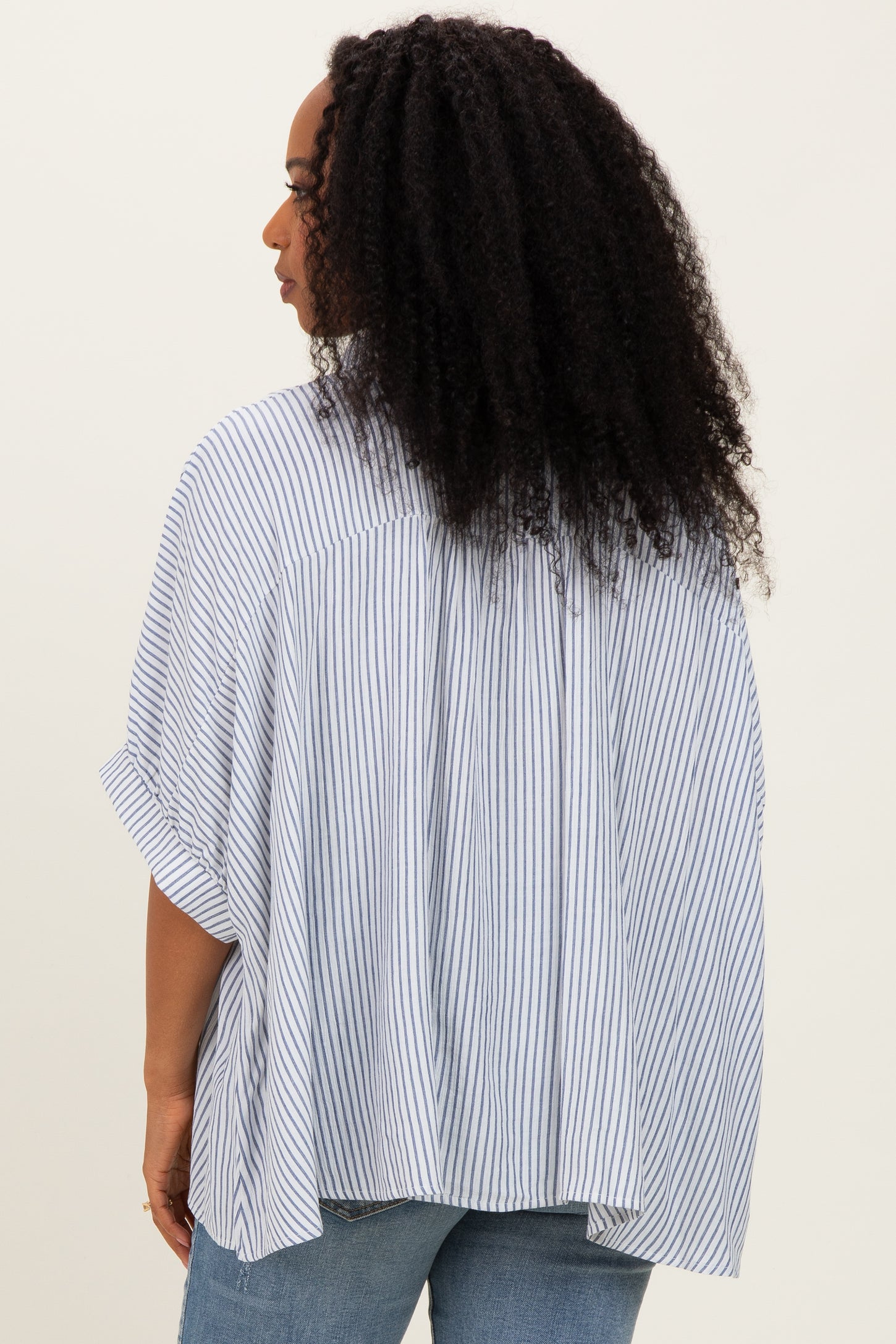 Blue Striped Boxy Button Down Top