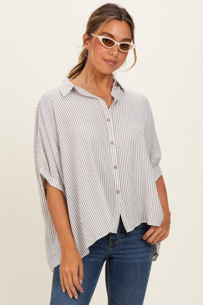 Taupe Striped Boxy Button Down Maternity Top