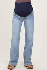 Blue Lightly Distressed Maternity Wide Leg Jeans