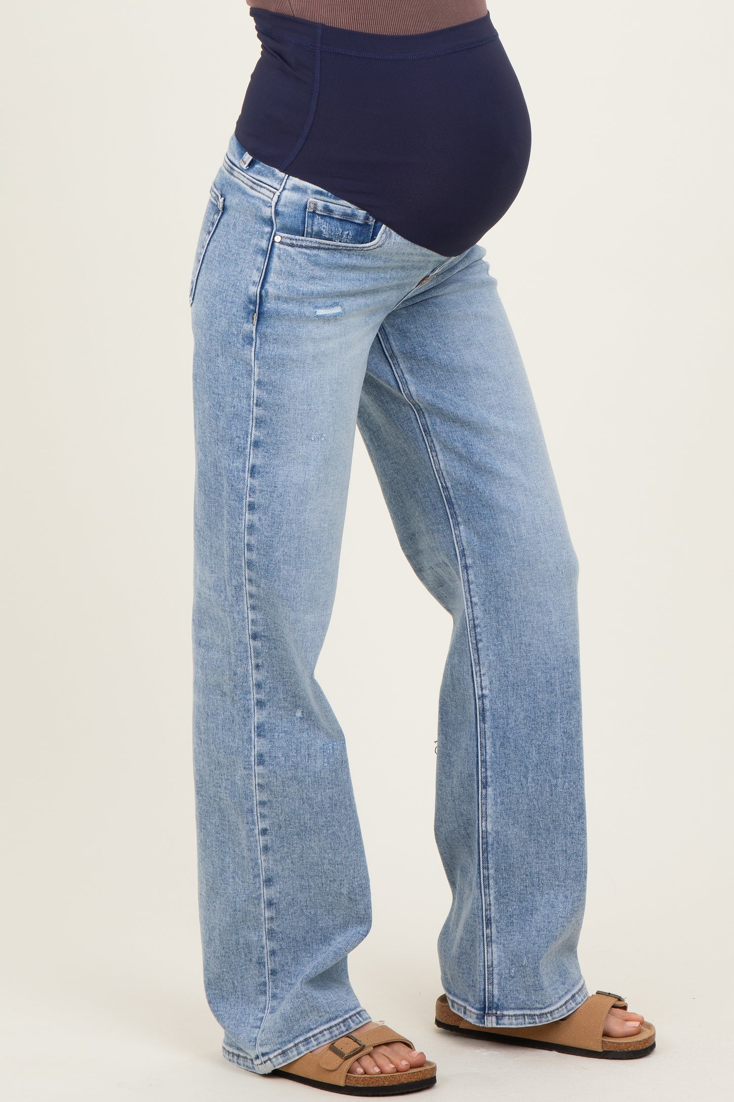 Blue Lightly Distressed Maternity Wide Leg Jeans