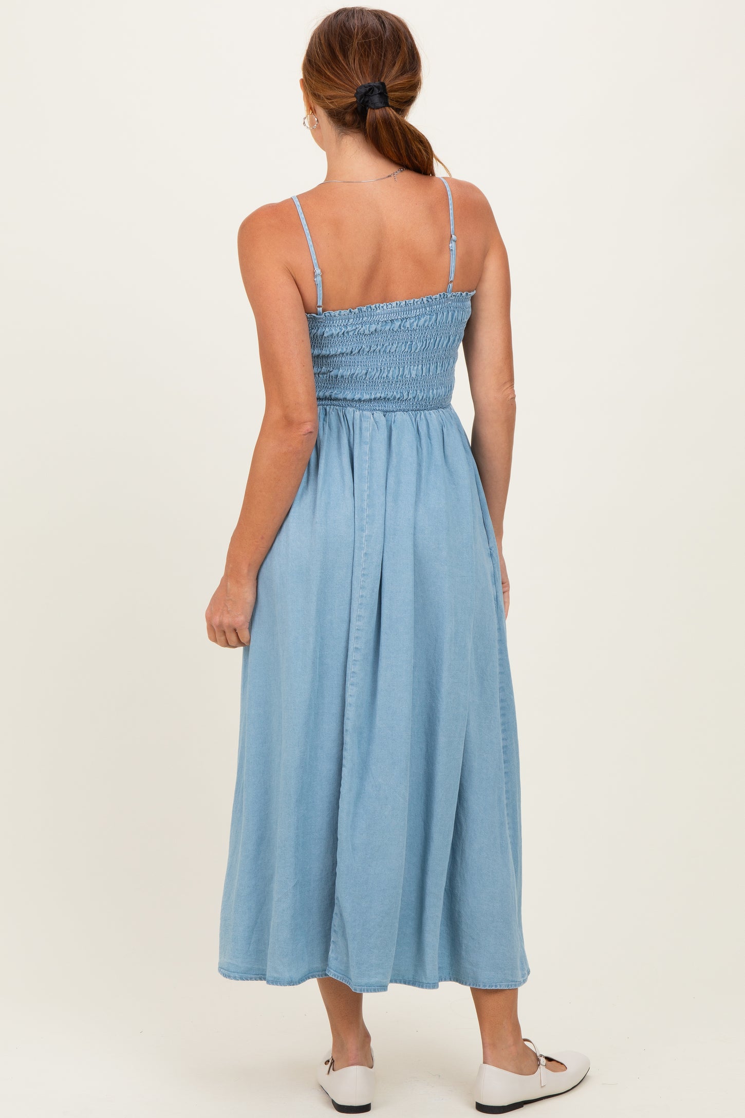 Light Chambray Smocked Midi Dress