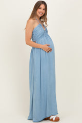 Light Blue Pleated V-Neck Maternity Maxi Dress