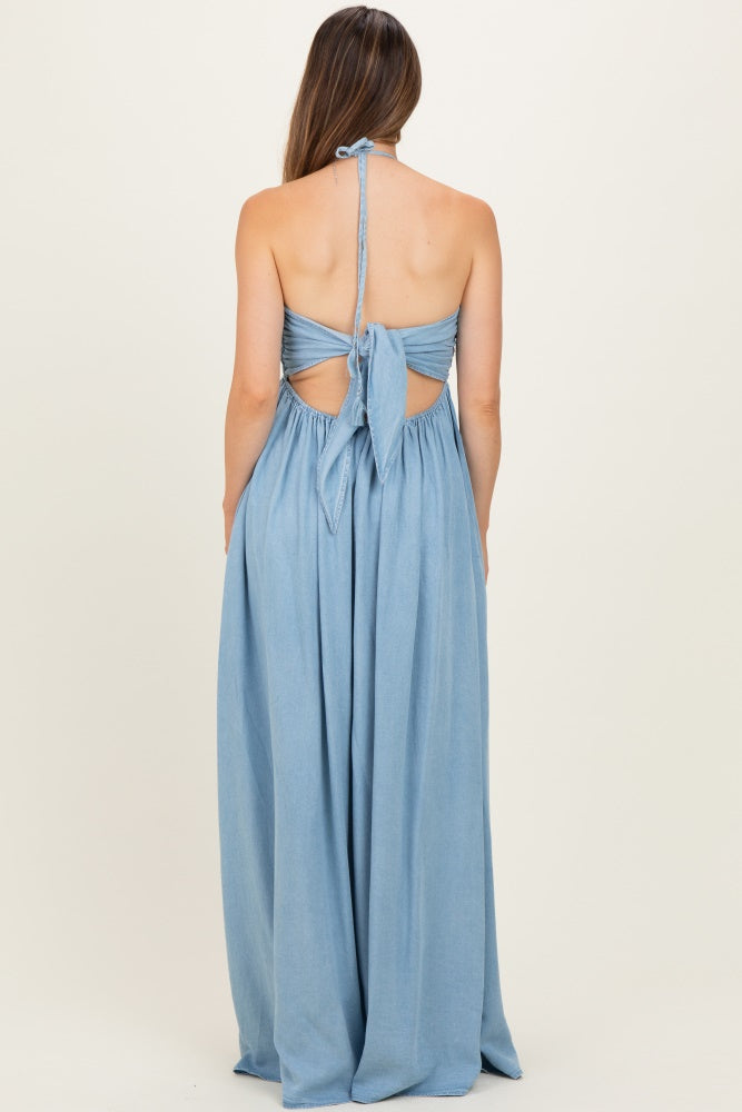 Light Blue Pleated V-Neck Maternity Maxi Dress