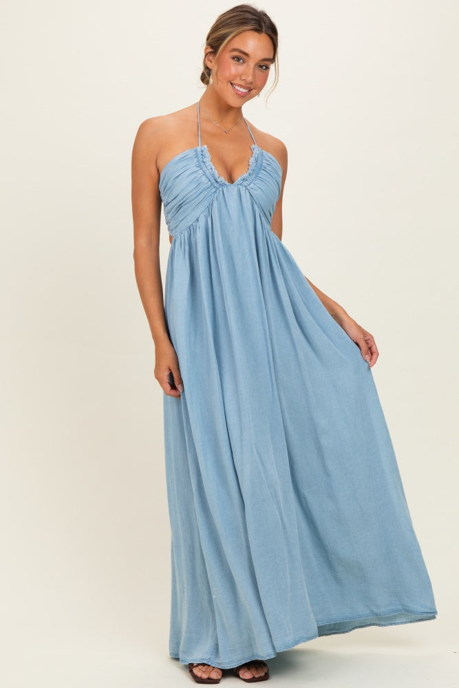 Light Blue Pleated V-Neck Maternity Maxi Dress