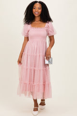 Light Pink Tulle Tulle Puff Sleeve Smocked Midi Dress