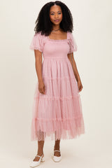 Light Pink Tulle Tulle Puff Sleeve Smocked Midi Dress