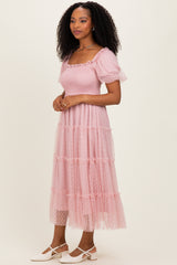 Light Pink Tulle Tulle Puff Sleeve Smocked Midi Dress