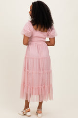 Light Pink Tulle Tulle Puff Sleeve Smocked Midi Dress
