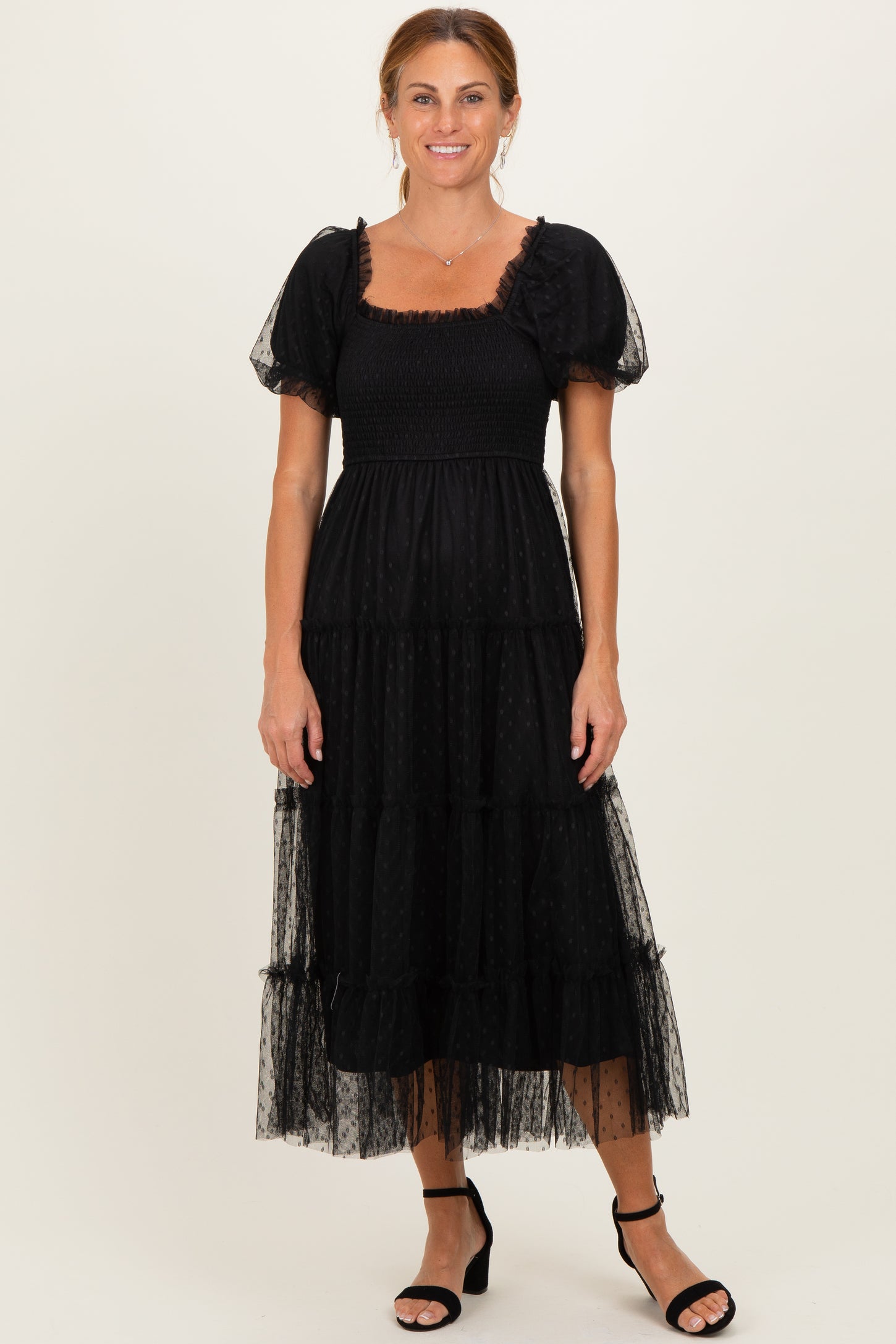 Black Tulle Puff Sleeve Smocked Midi Dress