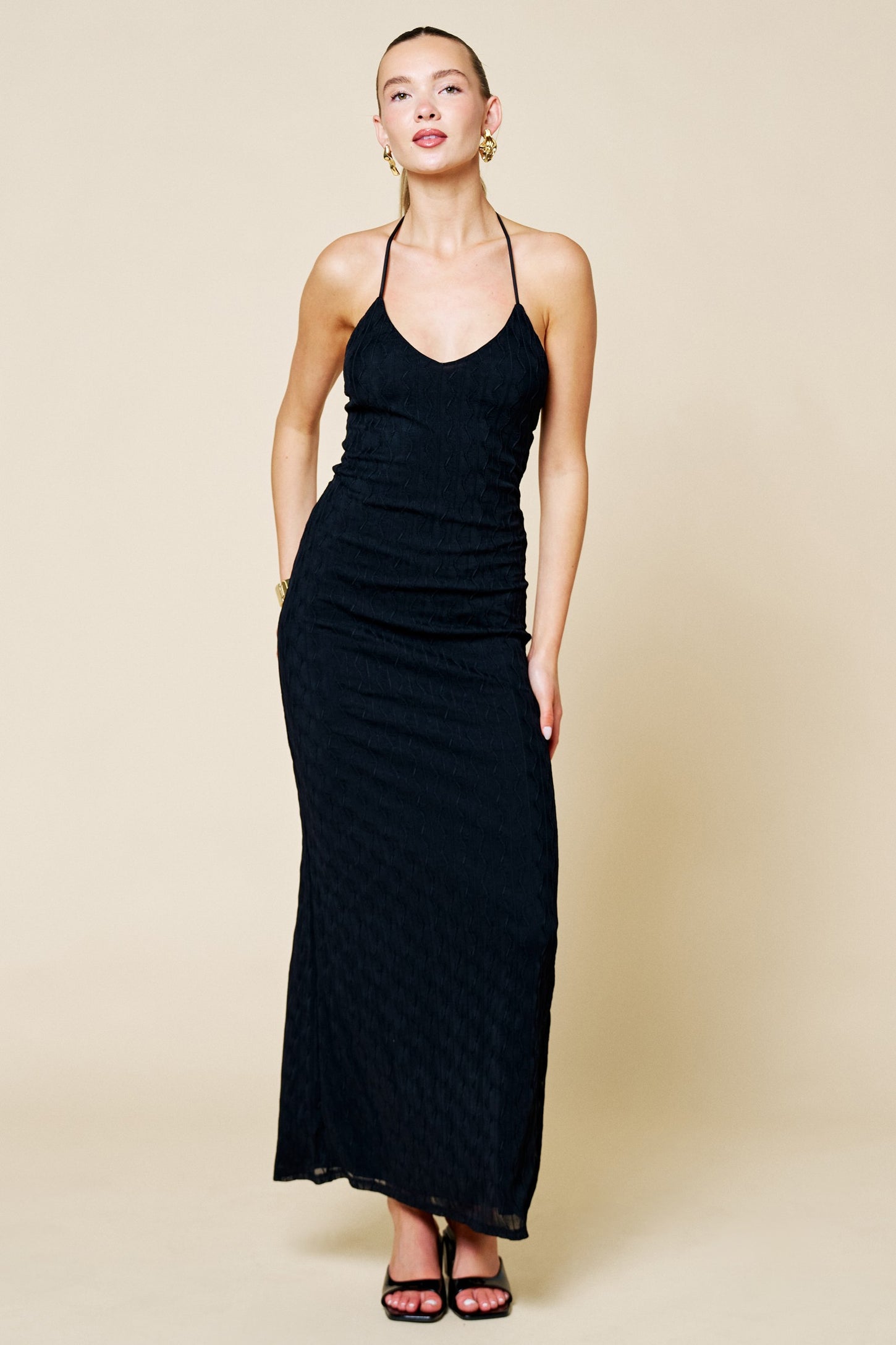 Black Halter Textured Knit Maxi Dress