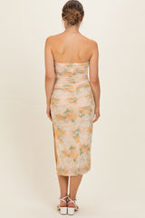 Yellow Floral Mesh Ruched Strapless Maternity Midi Dress
