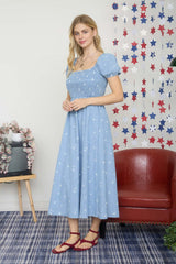Chambray Embroidered Smocked Midi Dress