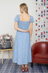 Chambray Embroidered Smocked Midi Dress