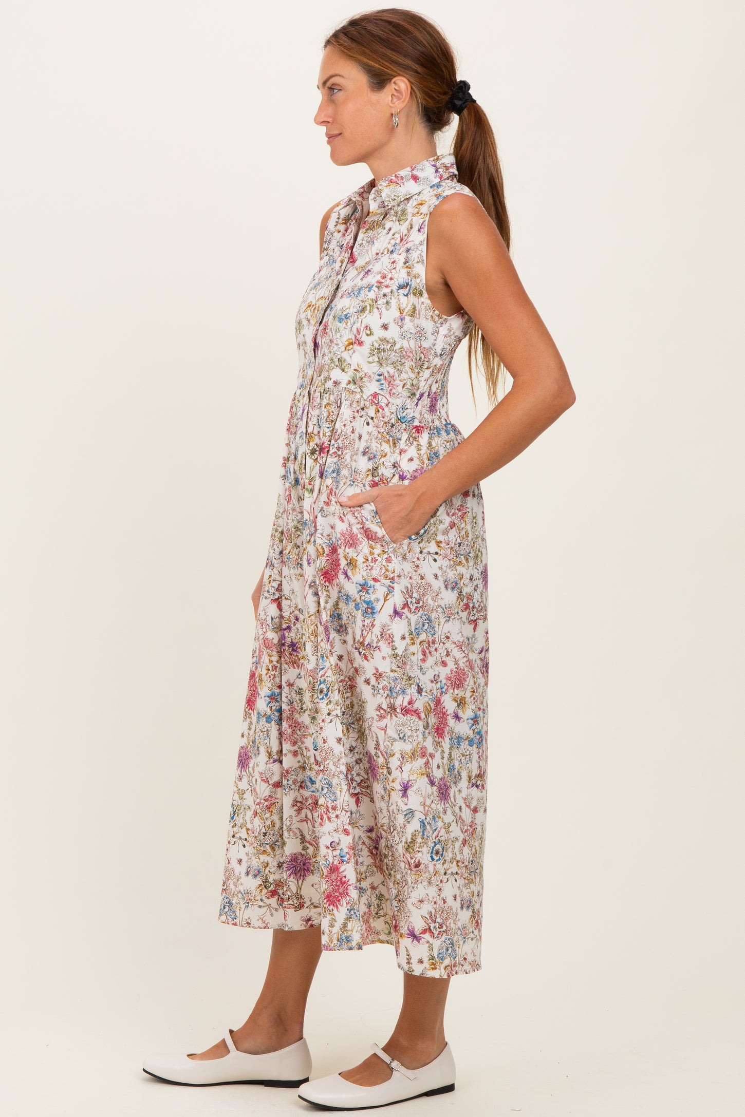 Multicolor Garden Print Sleeveless Shirt Dress