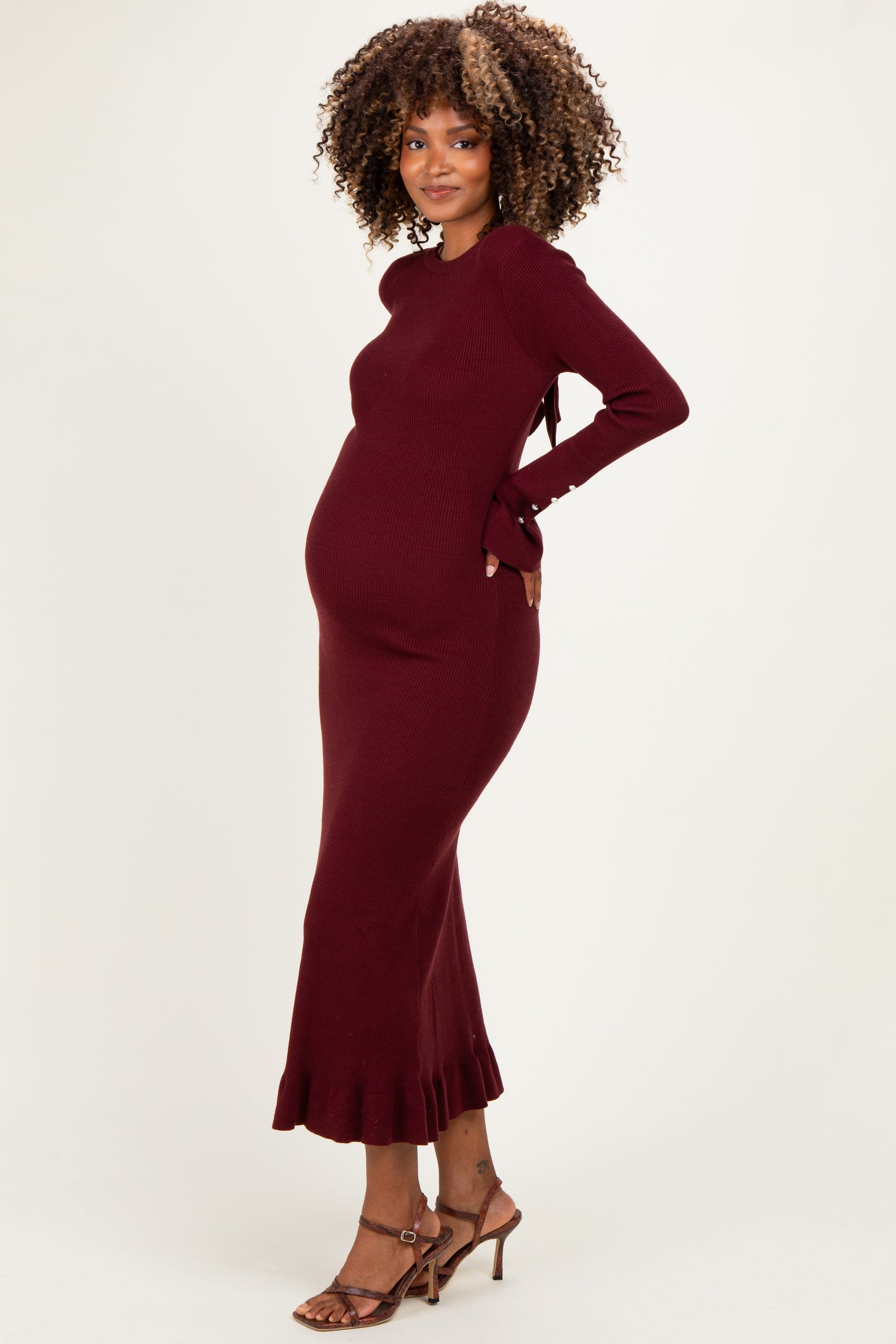 Burgundy Ribbed Knit Bow Back Maternity Maxi Dress