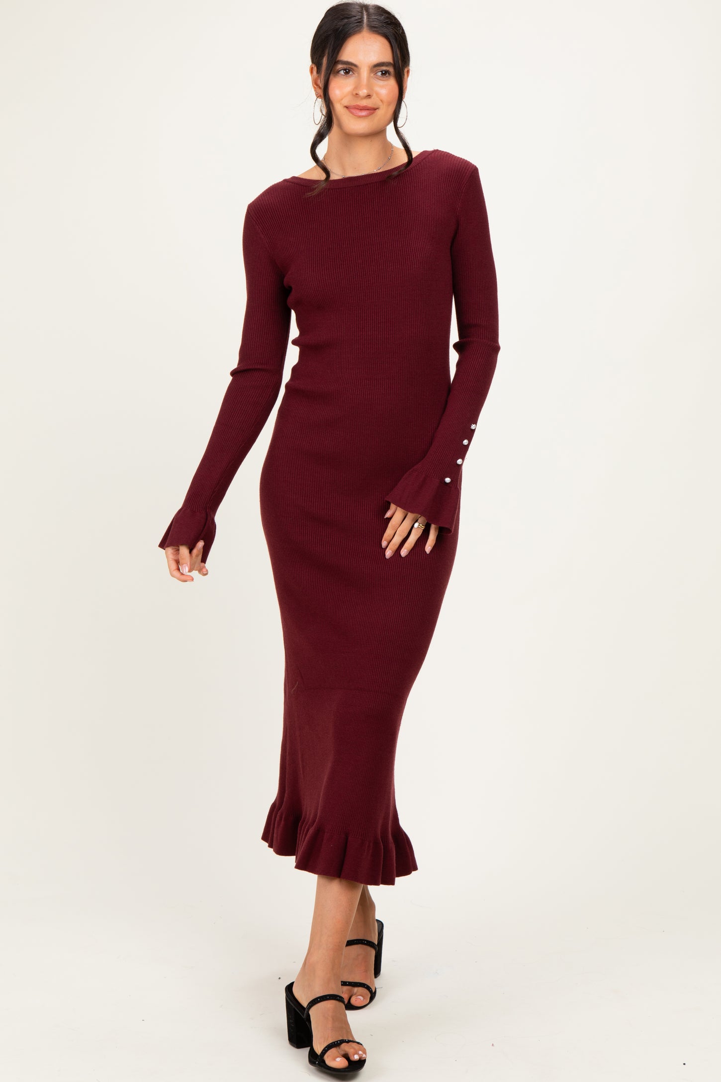 Burgundy Ribbed Knit Bow Back Maxi Dress