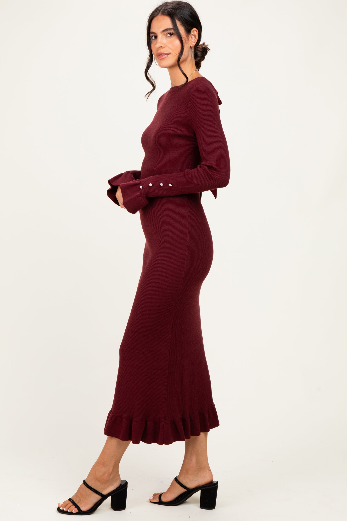 Burgundy Ribbed Knit Bow Back Maxi Dress