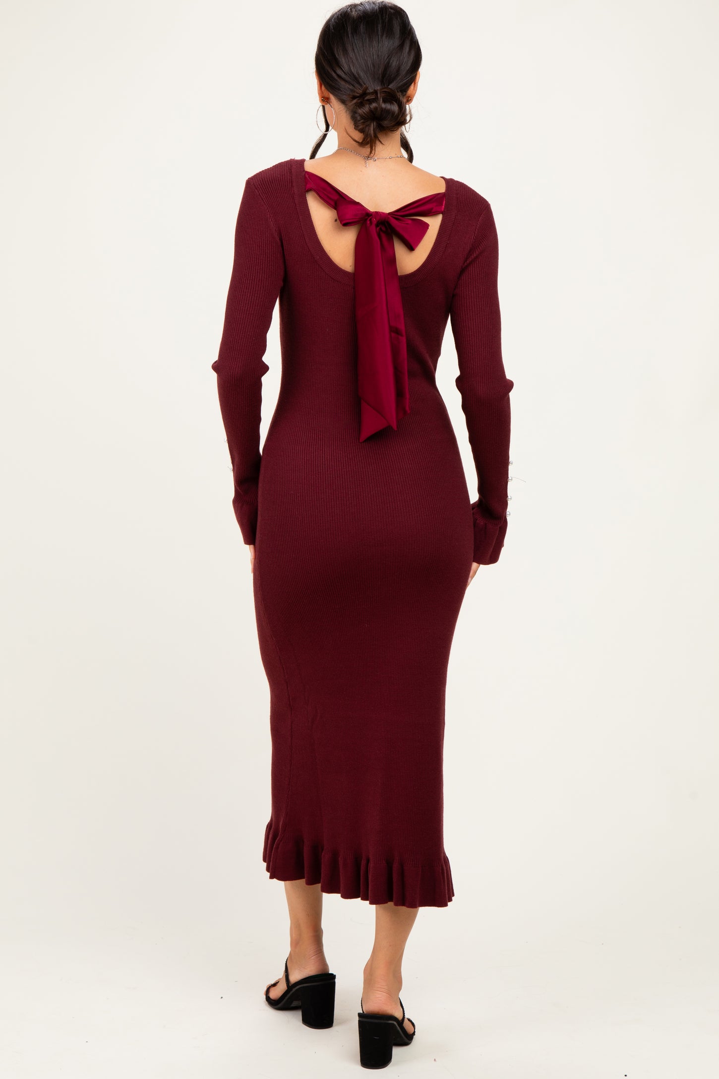 Burgundy Ribbed Knit Bow Back Maxi Dress