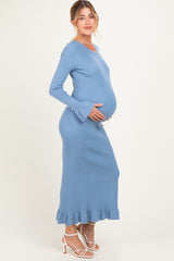 Denim Ribbed Knit Bow Back Maternity Maxi Dress