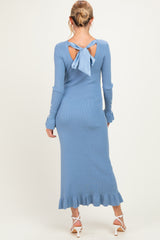 Denim Ribbed Knit Bow Back Maternity Maxi Dress