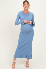 Denim Ribbed Knit Bow Back Maternity Maxi Dress